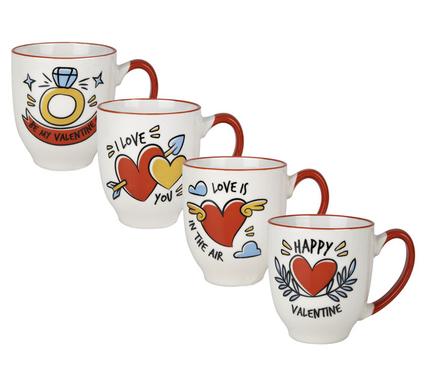 4 Pack 300ml Valentines Ceramic Coffee Mugs, Valentine&