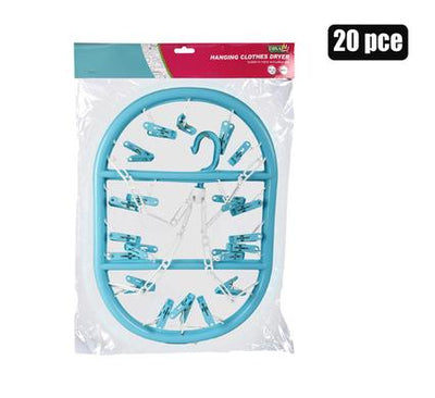 Oval Plastic Clothes Dryer with 20 Pegs and Central Hook for Ease of Use