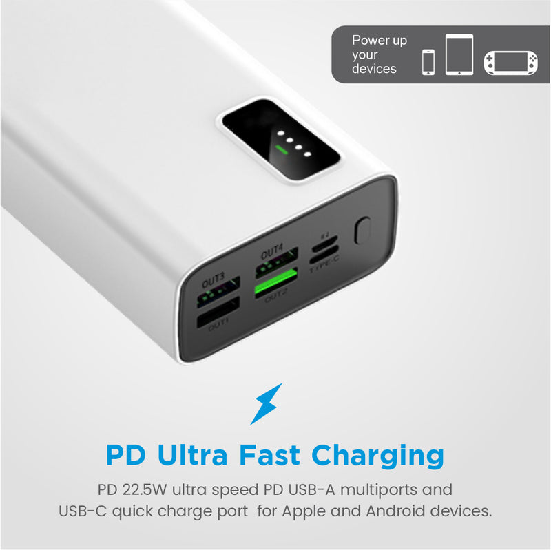 Astrum Portable 22.5w Pd 30000mah Power Bank, Pd 3.0, Qc 4.0, Dual Usb Quick And Usb C Pd Super Charge White