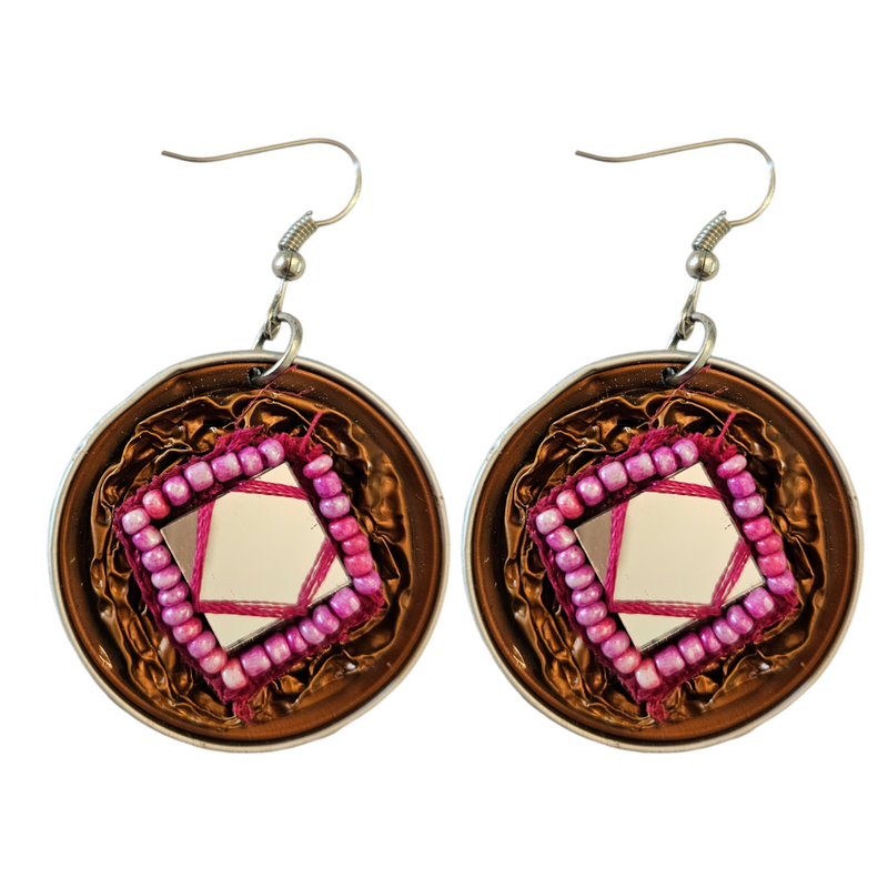 Handmade Ethnic Earrings Made from Recycled Nespresso Pods - Rust and Pink Beaded Detail