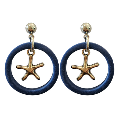 Round Hoop Styled Earrings with Starfish Charm with Silver Stud Finish French Blue 25mm x 25mm