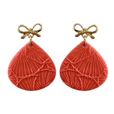 Textured teardrop Styled Earrings with Gold Bow Finish Orange 30mm x 30 mm