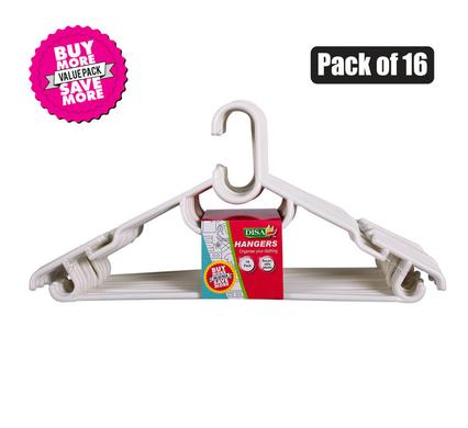 White Plastic Clothing Notched Hangers 16pc Pack with bar Hooks