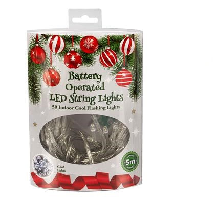 Christmas Battery Operated LED String Lights - Cool Lights, Multicoloured Flashing - 50 Lights - 5 M Long
