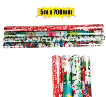 Christmas Stationery Gift Wrap 5m x 700mm - 4 Rolls in Pack