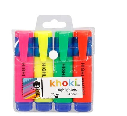 4 Piece Multicolour Highlighter Set, Straight Edge Tip