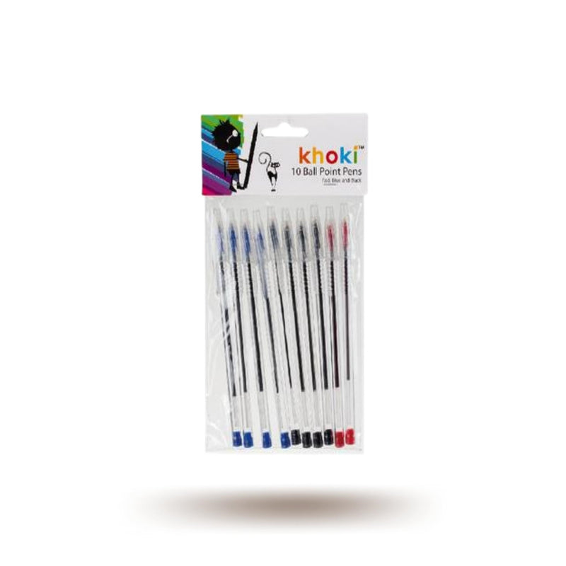 Khoki 10pack Ball Point Pens, 4x Black, 4x Blue and 2x Red Writing Pens