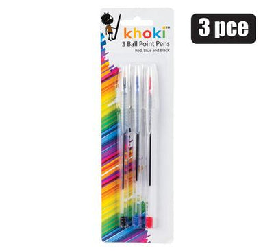Ball Point Pens 3 Piece Set with Colours Black, Red and Blue