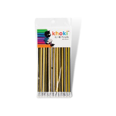 Khoki HB Pencil 12pc Pack with Erasers for School, Office or Creative Drawing