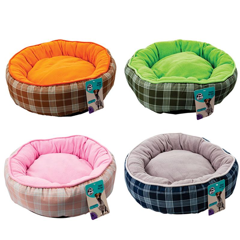 Round Cuddler Bolster Fleece Pet Bed, 50cm - Tartan