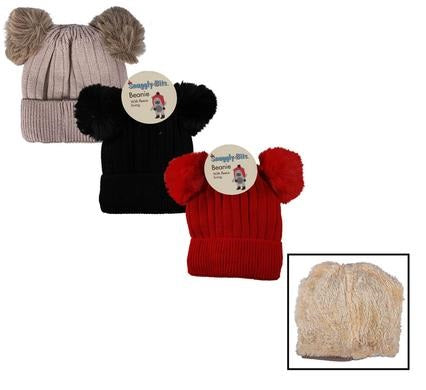 Kids Fleece Winter Knitted Beanie Double Pom-Pom design, Warm Winter Headwear