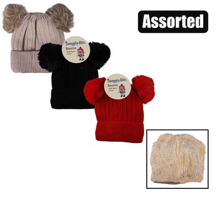 Kids Fleece Winter Knitted Beanie Double Pom-Pom design, Warm Winter Headwear