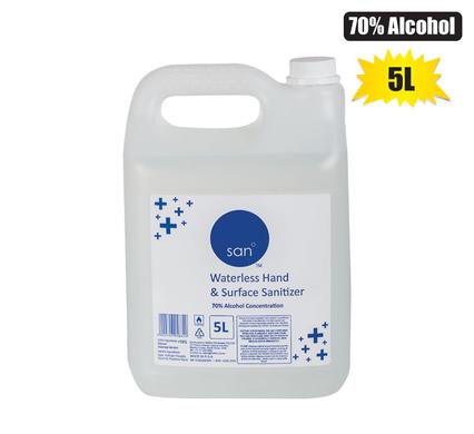 San Waterless Hand and Surface Sanitizer, Hand Cleanser Liquid 5L (70% Alcohol)