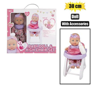 Baby Doll and High Chair Feeding Set with Accessories 30cm Ages +3 Years