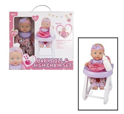 Baby Doll and High Chair Feeding Set with Accessories 30cm Ages +3 Years