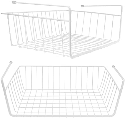 2 Pack - White Hanging Under Shelf Basket, Under Cabinet Storage Basket - 39x27x13cm