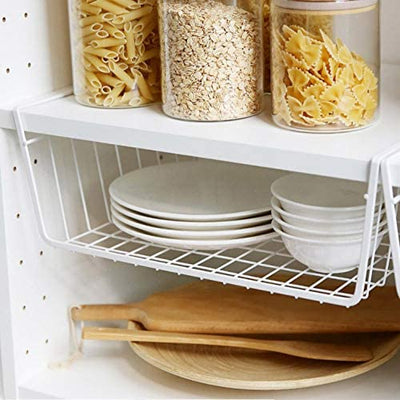 2 Pack - White Hanging Under Shelf Basket, Under Cabinet Storage Basket - 39x27x13cm