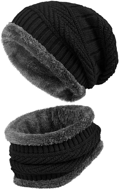 2-Piece Winter Beanie Hat and Scarf Neck Warmer Set 23cm Young Adult Beanie Scarf Plush Lining