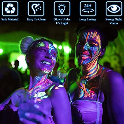 Neon Water Based Glow In The Dark Body and Face Paint Tubes UV Reactive Non-Toxic 25ml