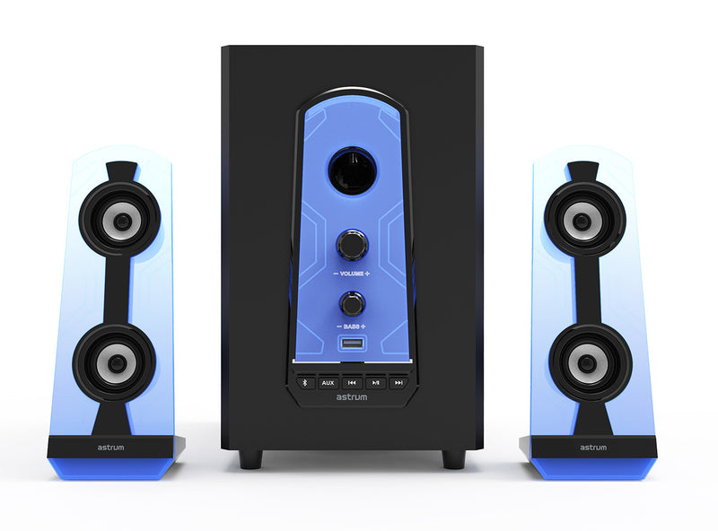 Blue LED Ambience 2.1CH Multimedia Bluetooth Unique See-through Speaker Design. 30W RMS