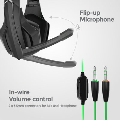 Wired Adjustable Stereo Gaming Headset, Integrated Fold Away Mic, In-Wire Volume Control