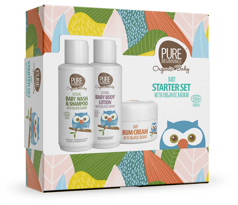 Pure Beginnings Baby Starter Gift Set with Organic Baobab (100ml Soothing Baby Shampoo & Wash, 100ml Soothing Baby Lotion, 50ml Baby Bum Cream)