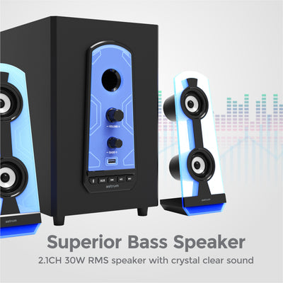 Blue LED Ambience 2.1CH Multimedia Bluetooth Unique See-through Speaker Design. 30W RMS