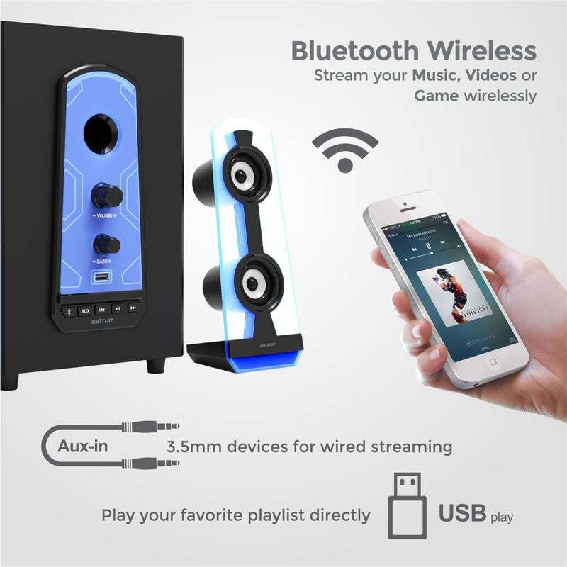 Blue LED Ambience 2.1CH Multimedia Bluetooth Unique See-through Speaker Design. 30W RMS