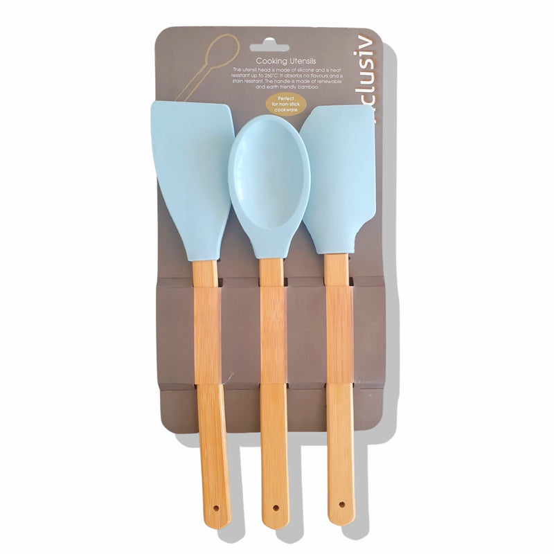 Xclusive 3 Piece Silicone Kitchen Utensil Set with Eco Friendly Bamboo Handle Heat Resistant
